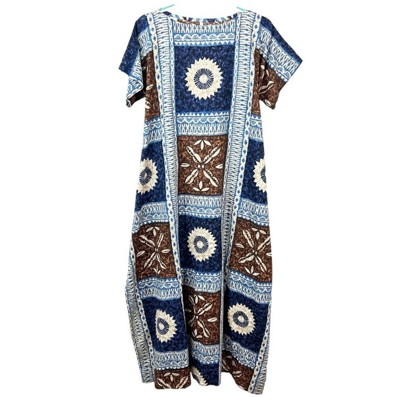 Vintage 60's Pingo's Maui Barkcloth Tiki Short Sleeve Tie Back Dress XL